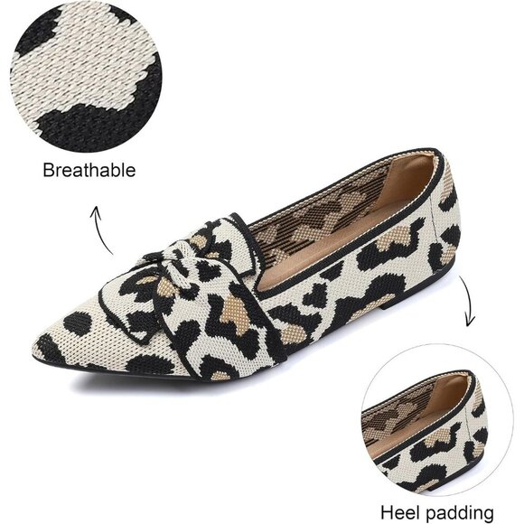 Women's Bow Comfortable Pointed Toe Ballet Flats Knit Dressy Flats Leopard Print - Picture 2 of 5